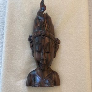 Hand Carved Vintage Wood Female Bust Figurine Sculpture With Headdress